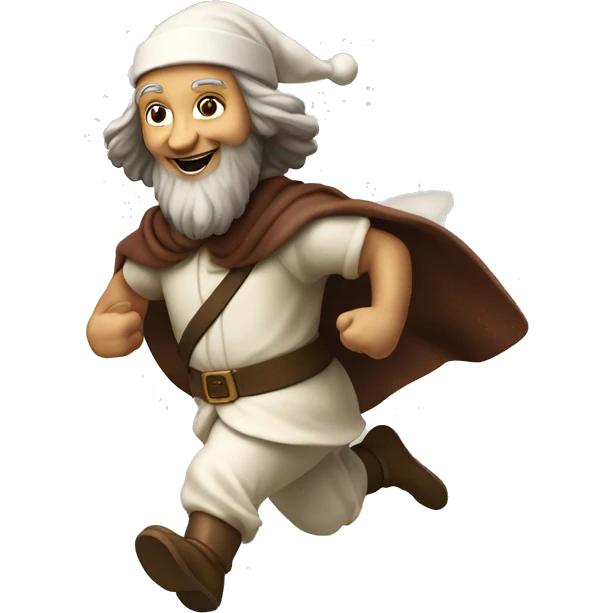 Leonardo Da Vinci running, with a large stride and arms outstretched, in a santa costume emoji