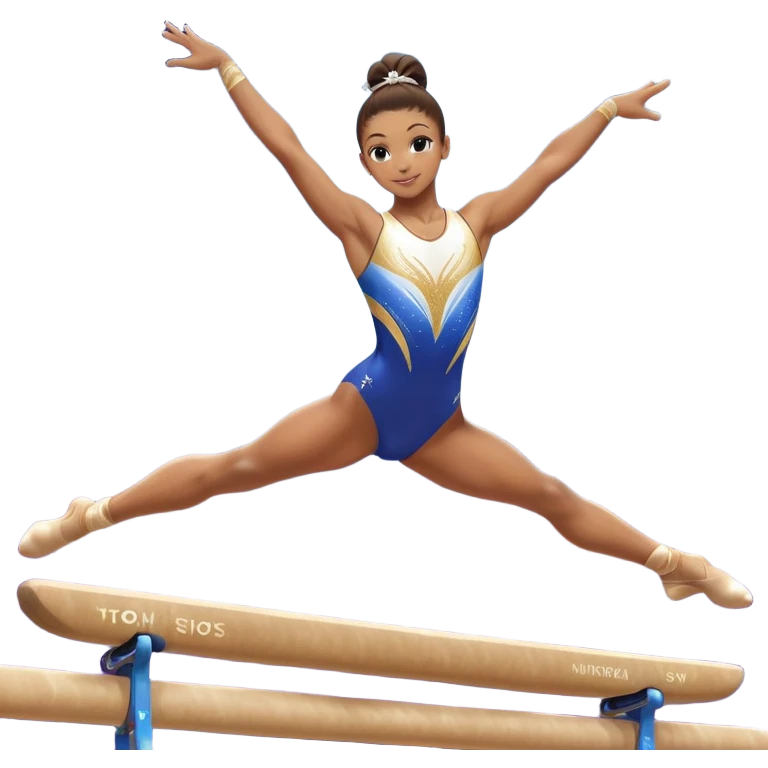 A gymnast performing a flawless routine on the balance beam, showcasing strength and grace. The scene captures the precise, elegant movement with perfect balance and form. The background features a gymnastics arena with vibrant lighting and cheering crowds, emphasizing athleticism and poise. emoji