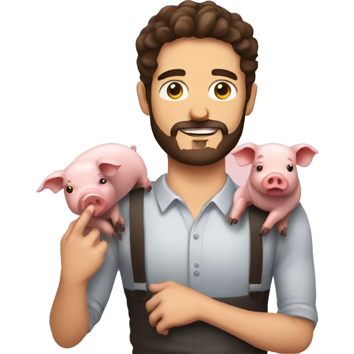 Brunette man with beard holding a pig and has a lot of bacon around  emoji