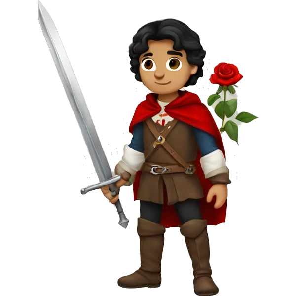 canela skin boy dark hair musketeer with red rose shoulder medieval cape and sword emoji