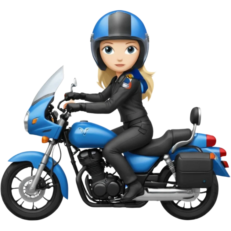 moça loira de cabelo comprido e olhos azuis com capacete em moto honda 150 preta em cima da moto emoji