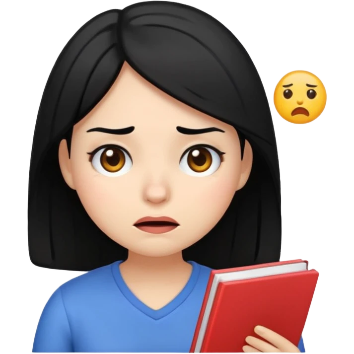female emoji with black hair, looking tired from studying and doing activities, expressive face emoji
