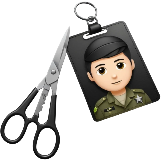 black Scissors cutting an idf soldier ID card in 2 parts .hyper realistic emoji
