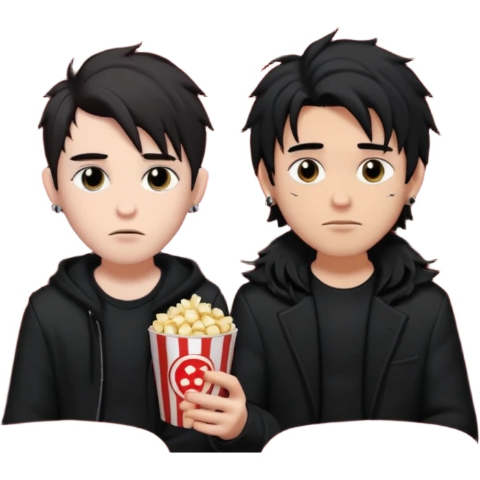 pale Goth boy with a bunch of face piercings, with shaggy dark brown hair, next to a tan skin gamer boy with long black hair , they are watching a movie in the theater together  emoji