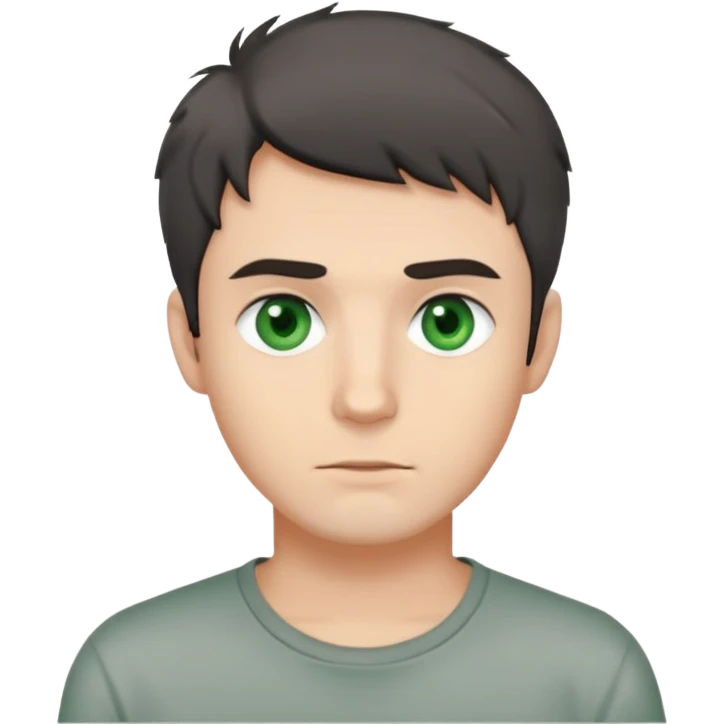 man with dark messy short hair, dark green eyes, wearing a gray t-shirt emoji