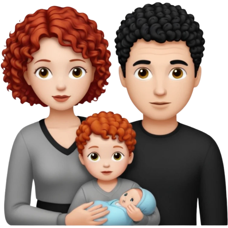 Create a picture of a family of three: a white woman with short, curly red hair, a white man with black hair, and a white baby girl with curly black hair. emoji