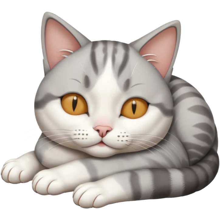 grey and white small cat with its eyes closed lying down with its paw holding up his head emoji