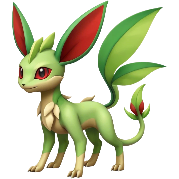 Edgy cool Flygon-Leafeon-Pokémon-hybrid full body, four legs, red eyes,  emoji
