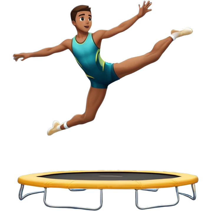 An athletic person soaring high above a trampoline, executing an acrobatic flip with perfect form. The scene captures motion and energy, with a dynamic pose, stretched limbs, and a focused expression. The background suggests a professional trampoline arena with safety padding. emoji