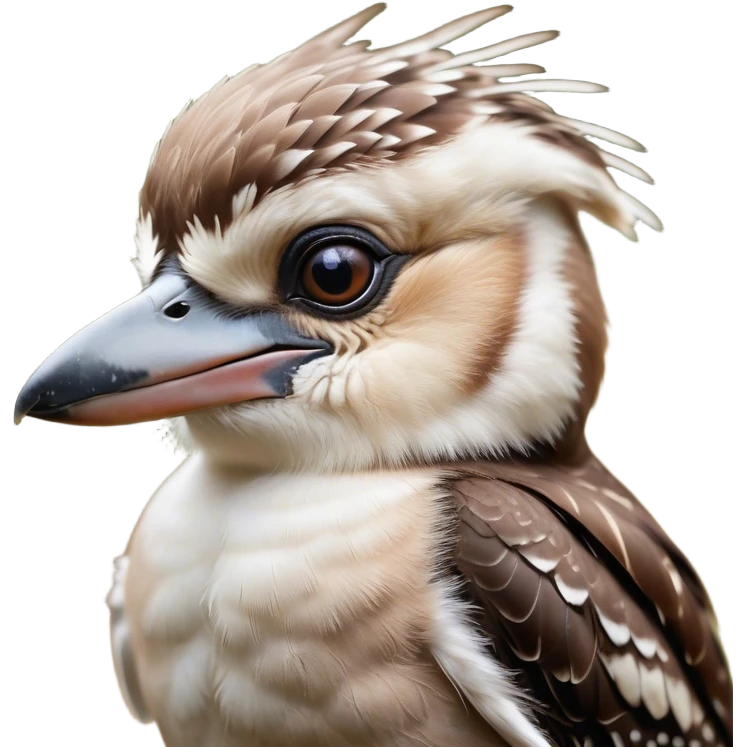 Cinematic Cute Kookaburra Portrait Emoji, Head tilted playfully and inquisitively, featuring a glossy brown plumage with subtle cream accents and a perky, expressive beak, round, sparkling eyes filled with curious mirth, Simplified yet irresistibly adorable features, highly detailed, glowing with a warm, friendly glow, high shine, affectionate and spirited, stylized with a touch of bushland whimsy, bright and endearing, soft glowing outline, capturing the essence of a mischievous yet loving kookaburra, so playful it feels like it could chuckle out of the screen into your arms! emoji