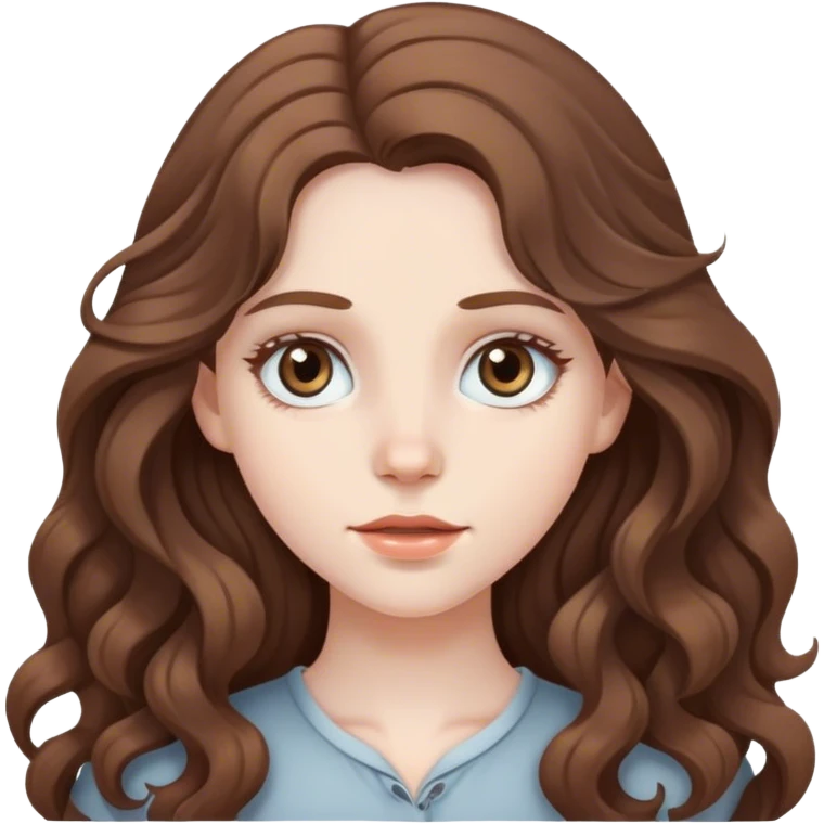 Pale girl with long brown wavy hair and grey eyes emoji