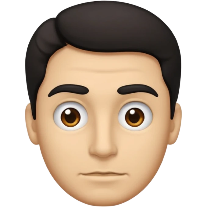 emoji a medio cuerpo hasta la cintura, hombros anchos, de un hombre, con cejas gruesas inclinadas hacia abajo, nariz medio grande, hombros anchos, sin sonrisa, hombros anchos, cabello ondulado con un corte adolecente, cabello negro. ojos negros. emoji