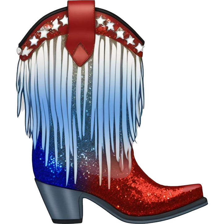Realistic red, white, and blue ombre pair of fashion cowgirl boots with sparkly shiny glitter fringe on them. emoji