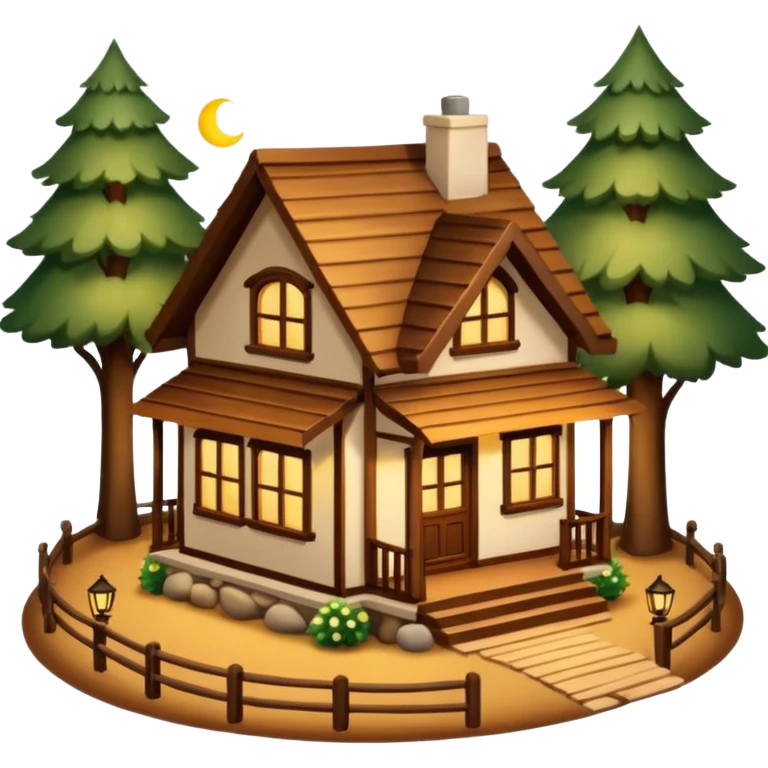 A cozy small house with warm lights coming from the windows, wooden details, surrounded by trees, peaceful atmosphere, soft lighting, charming and realistic
 emoji