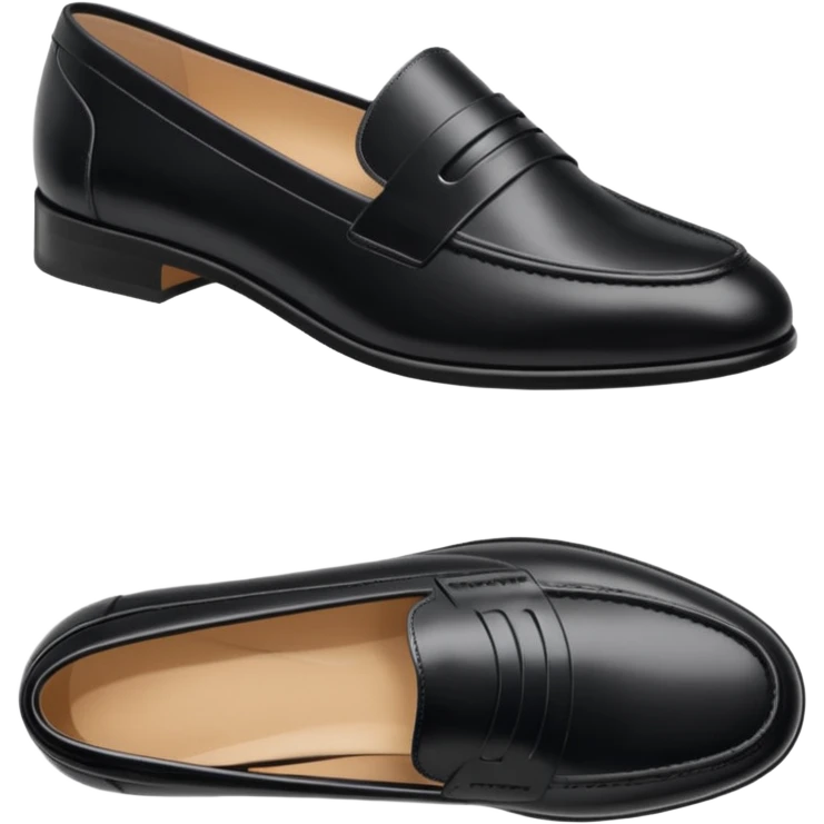 Aesthetic black loafers emoji, soft pastel minimal illustration, smooth shiny leather, delicate highlights, simple cute proportions, fashion sticker style, clean white background, soft shadow, minimal luxury vibe, high resolution, centered, emoji