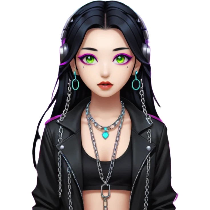  korean-techno-dj-girl,-wearing-a-stylish-edgy-outfit-with-metallic-chains,-long-black-hair,-performing-in-a-neon-lit-underground-club,-cyberpunk-aesthetic,-high-detail-3d-emoji-style,-energetic-and emoji