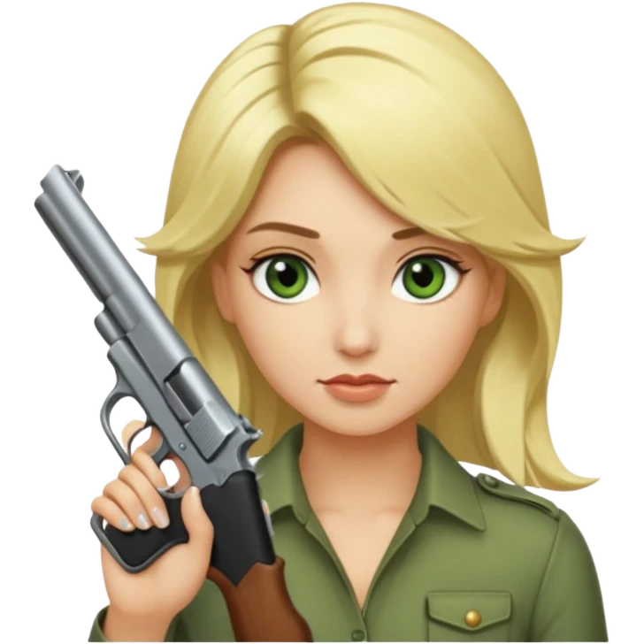 Emoji femme blonde cheveux blond, yeux vert avec de long cils noir qui porte un pistolet et à des cornes  emoji
