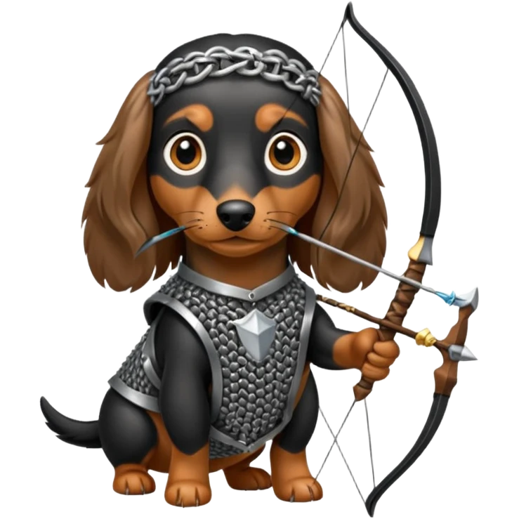 black and tan long haired dachshund wearing chainmail with bow and arrow  emoji