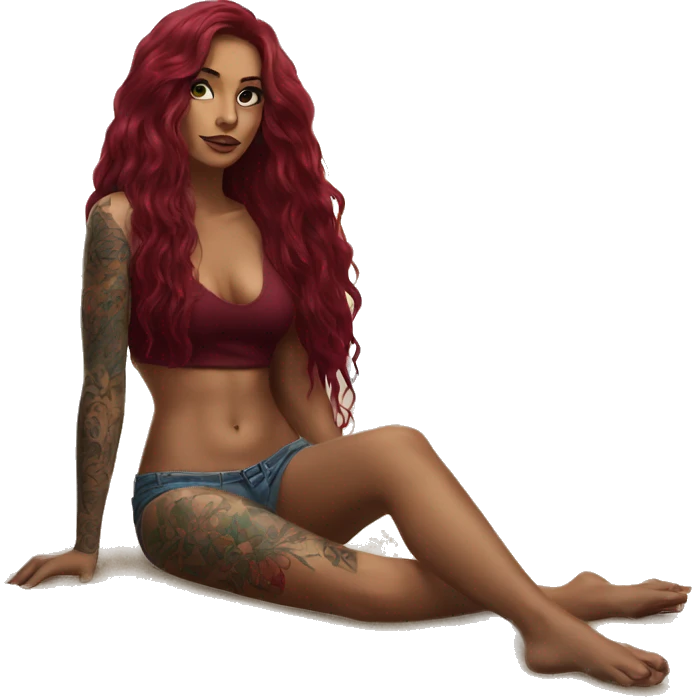 Beautiful tattooed burgundy long haired woman laying on the beach emoji