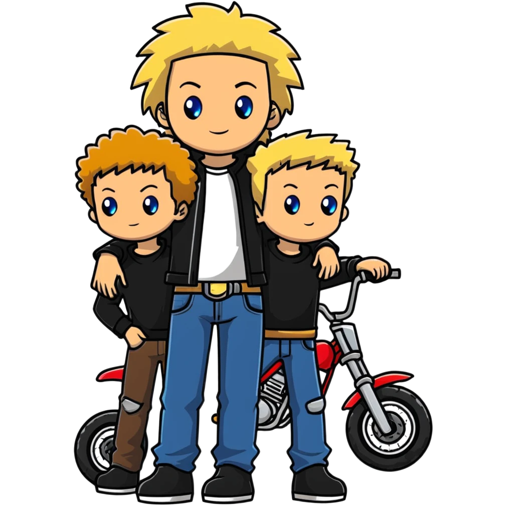 A super tall kid about 8/2 with blue eyes and blond hair baggy jeans with a moto shirt for the tall guy standing next to a 2,1 on a dirt bike with brown fluffy hair and green eyes and a black moto shirt they should be sanding next to each other emoji