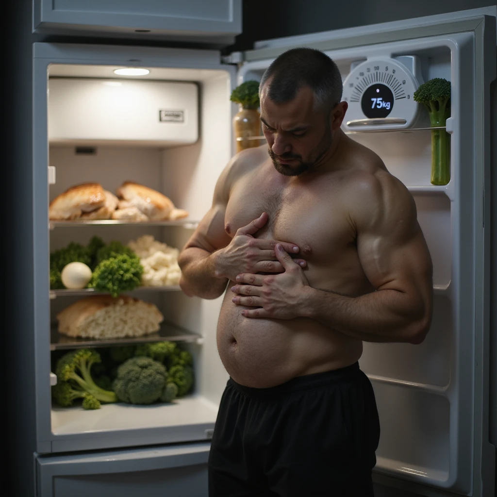 hyperrealistic 4K image of a man in gym clothes clutching his bloated stomach with an expression of discomfort, standing next to a bathroom scale showing '75kg', gym and kitchen atmosphere, open fridge in the background full of chicken, rice, and broccoli emoji