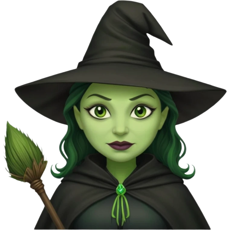 elphaba wicked witch with broom close up, evil dark coily long  hair, green skin, thick green lips, cheekbones, smirk evil menacing cythia erivo dark aesthetic black hat cloak  emoji