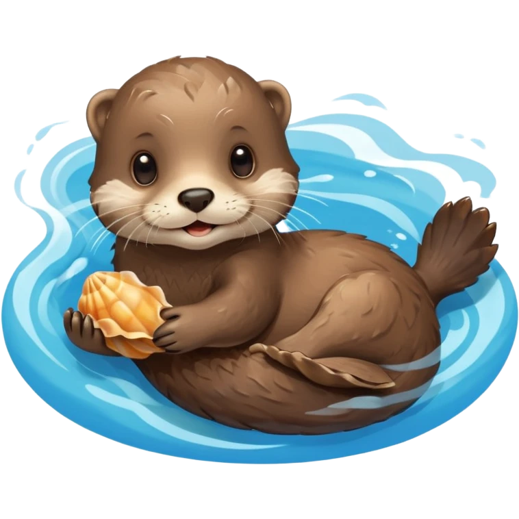 adorable otter floating on clearly visible blue water with waves, holding a shell emoji