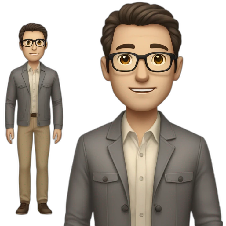 Full height Pale skinned Fit Man With dark brown hair in gray classic jacket, beige office shirt, Brown pants and vintage glasses. Thrumbs of his palms upwards emoji