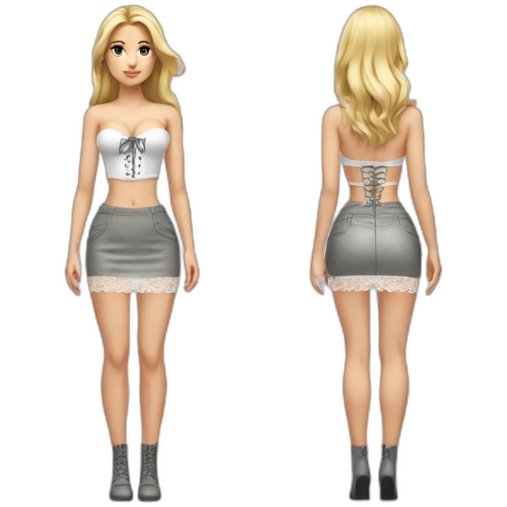 hyperrealistic caucasian female, long straight blonde hair, white lace up bustier, grey mini tight skirt, body view emoji