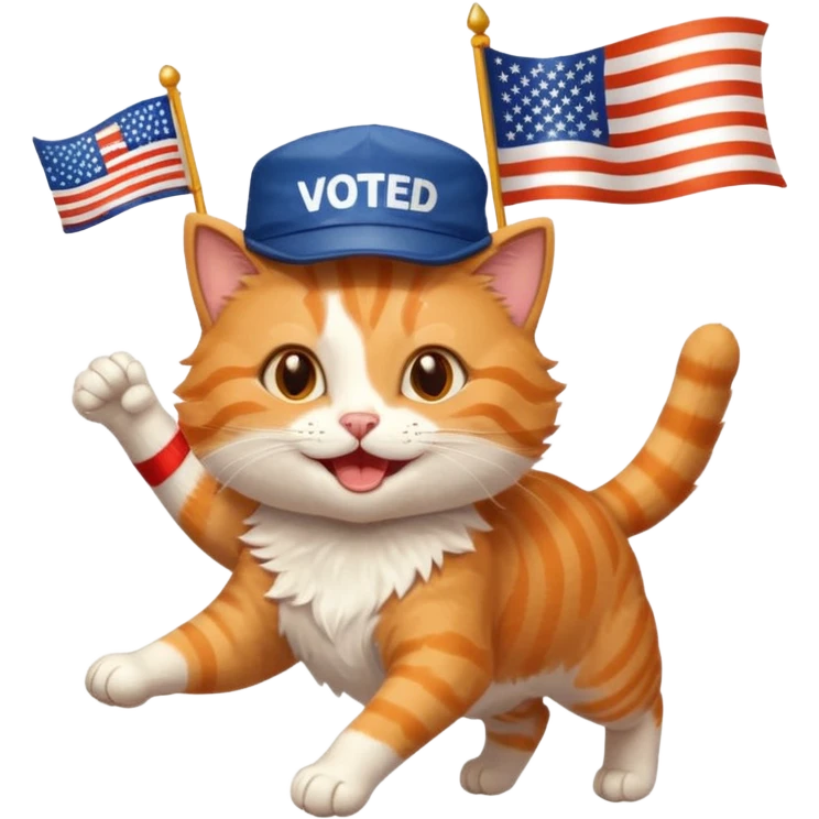 happy cat running for president with an "i voted" sticker and an american flag hat emoji