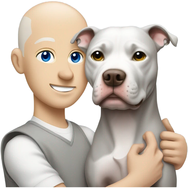 white bald man with blue eyes hugging grey no white pit bull emoji