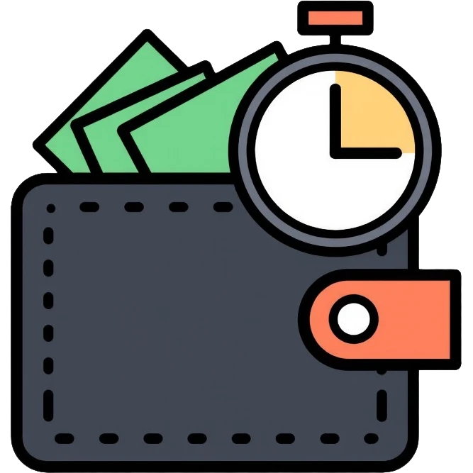 black wallet with dollars visible inside and a small clock in top right corner positioned over the wallet emoji