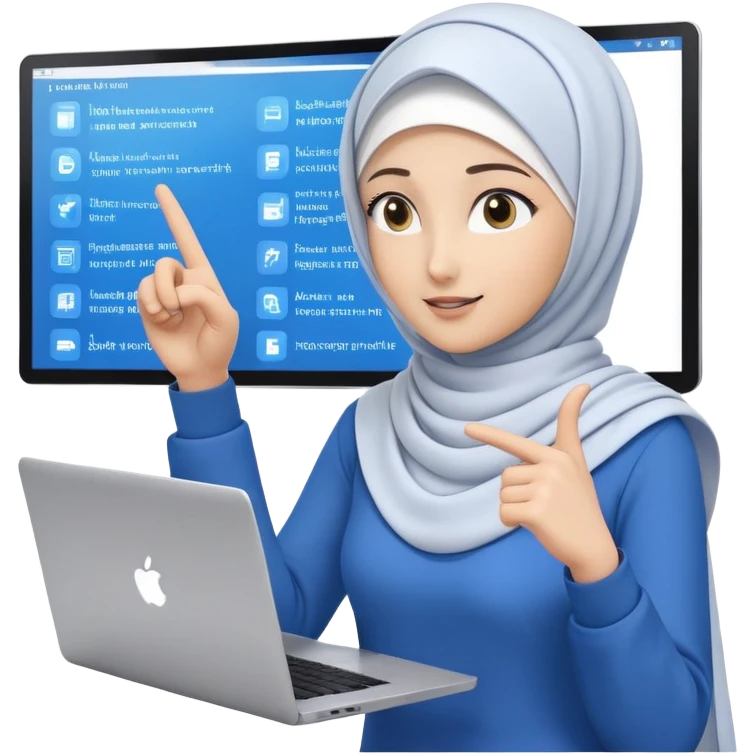 computer engineer with white hijab wearing blue outfit, pointing and gesturing at specific code elements and features on the large digital screen behind her, laptop in front of her, explaining particular parts of her metaverse creation in detail emoji