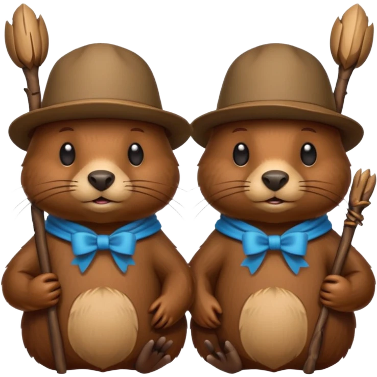 add a bow on the head of one beaver with another beaver without a bow on its head in a lodge of sticks and logs emoji