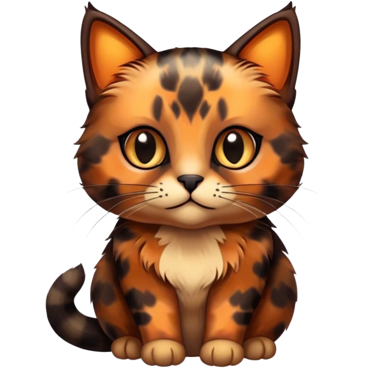 Cinematic Cute Tortoiseshell Cat Portrait Emoji, Head cocked sweetly with bright, curious eyes and a cuddly, mottled fur of rich browns and blacks, simplified yet charmingly adorable, highly detailed, glowing with a warm, gentle radiance, high shine, playful and endearing, styled with a dash of whimsical feline magic, soft glowing outline, capturing the essence of a cute tortoiseshell cat that seems ready to pounce with affectionate mischief! emoji