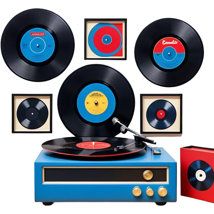 Icon for Vinyl Record Collecting: large black? red and blue vinyl records in decorative packaging featuring artist images, neatly arranged on a wall or shelf, vinyl record player. The icon should reflect the aesthetic and artistic aspect of collecting vinyl records. Transparent background. emoji