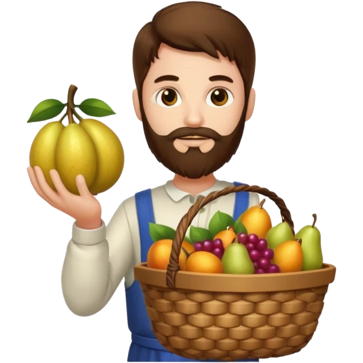 full body man long brown hair brown eyes medium beard white skin holding basket of strange glowing fruits emoji