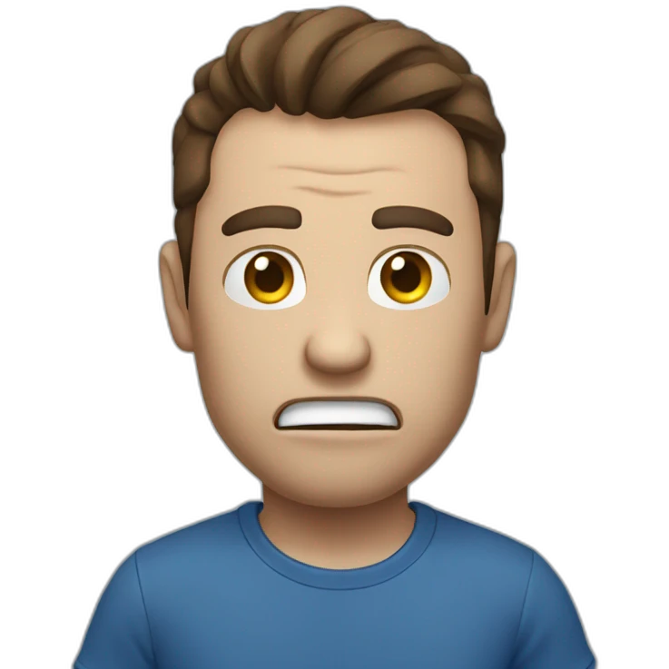 Angry man pointing towards you, blue t-shirt, brown hair, white skin emoji