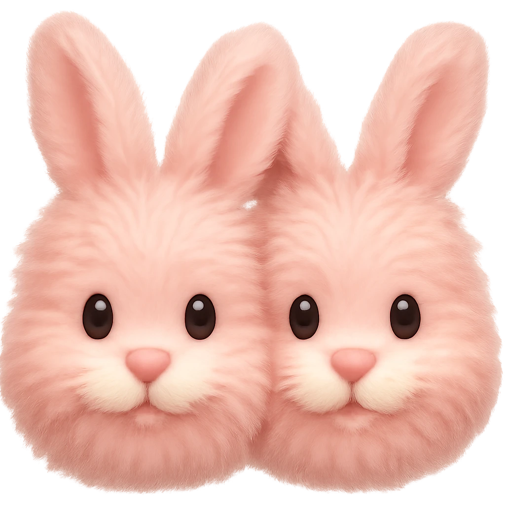 Make the light pink bunny slippers with a fluffy tail look extra fluffy in the style of emoji (apple style emojis). emoji