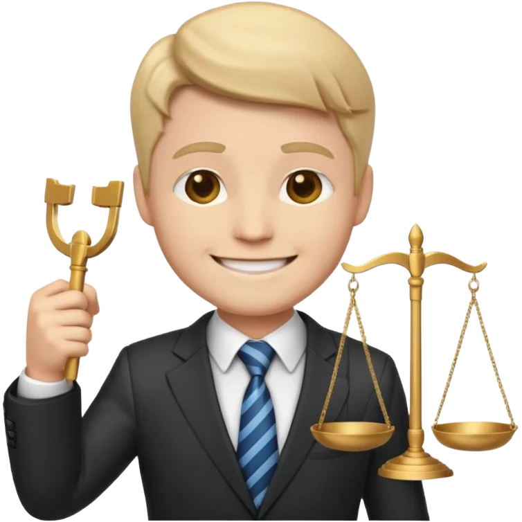 lawyer emoji, wearing suit and tie, holding scales of justice, neutral background emoji