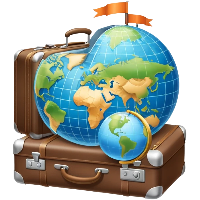 An icon featuring a suitcase, 1 globe, and a hotel building, symbolizing tourism and hospitality studies. The design includes a map and compass, representing travel research and industry analysis. Transparent background emoji