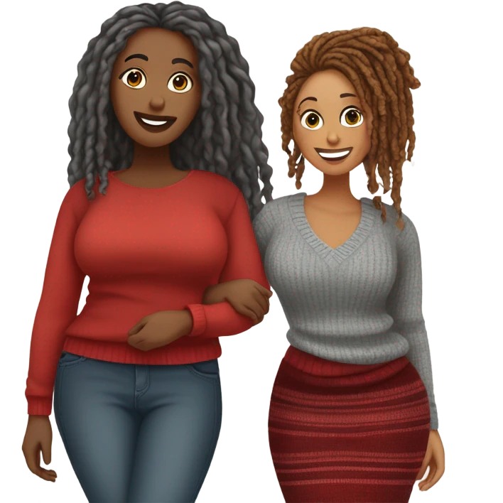 1st Curvy woman gray locs wearing pants , 2nd curvy woman is brown with red locs in a knee-length dress with a cozy sweater shopping emoji
