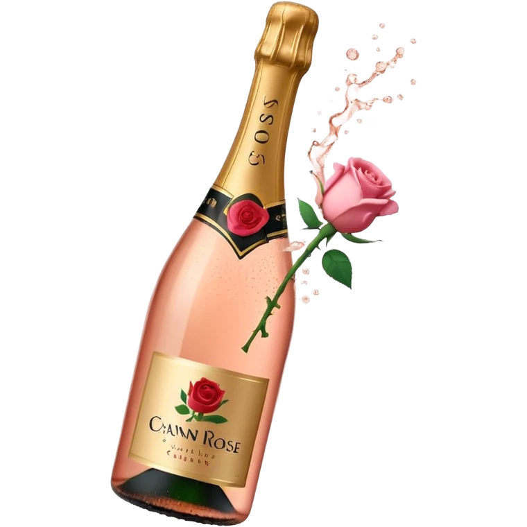 bottle of sparkling rosé champagne with a rose logo on the label, with the cork popping out from the top, tilted up and to the left, no glass emoji