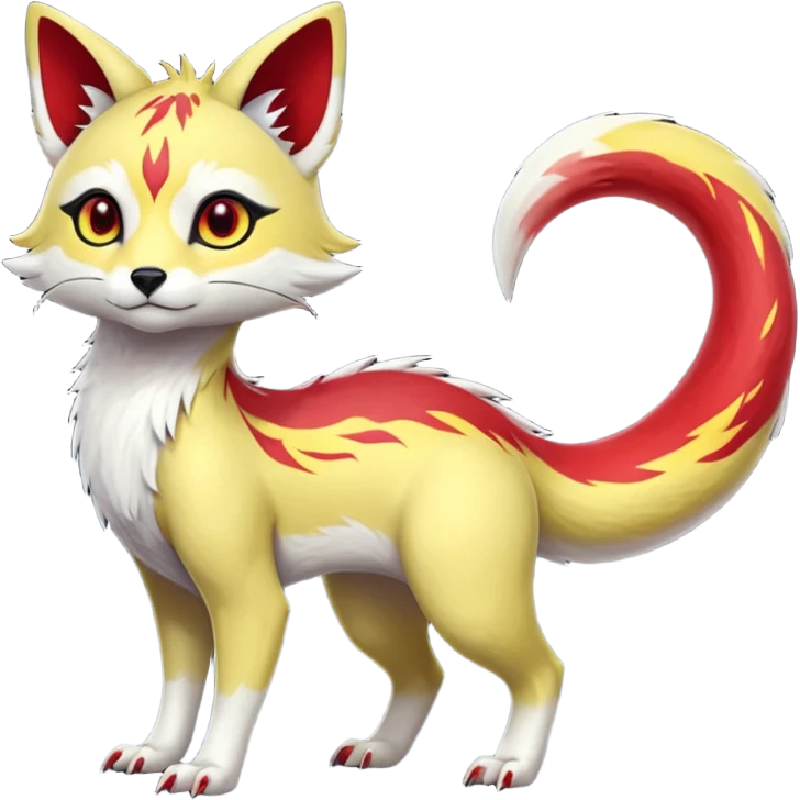 Hyper-realistic smooth Asian oriental painted silky soft White white with red gradients, and yellow slit eyes markings beautiful handsome gorgeous aesthetic colorful vibrant Vernid-Trico-species-Fakemon-creature by LiLaiRa, 4 legs, 1 tail, random markings, (full body) emoji