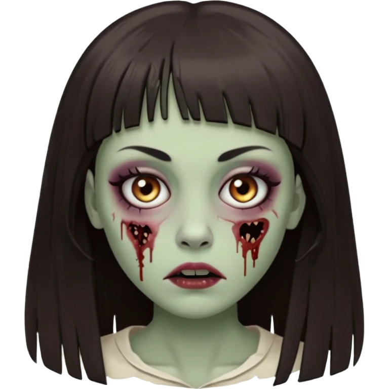 Tenho uma franja vegana, sombrancelha reta fina, um rosto oval e meu cabelo é grande e castanho escuro. Faça no estilo zumbi  emoji