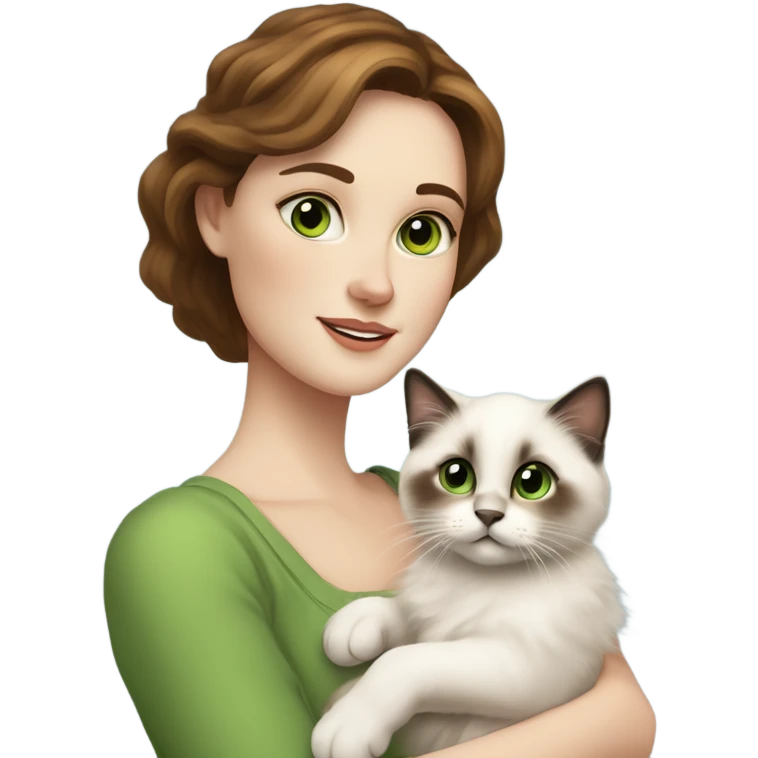 white woman with medium-length brown hair, green eyes and freckles on her nose, holding her birman kitten in her arms with much love, the baby cat has a lot of spots of dark on ears and middle of the face and blue eyes. emoji