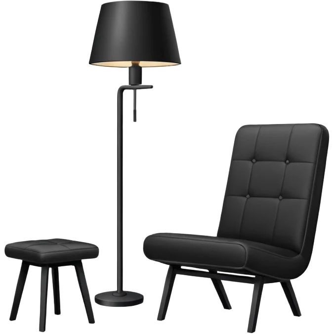 Minimalistic flat vector icon, iOS style, thin black contour on white background. Floor lamp and chair next to a framed picture on wall. Clean, no text, no shadows emoji