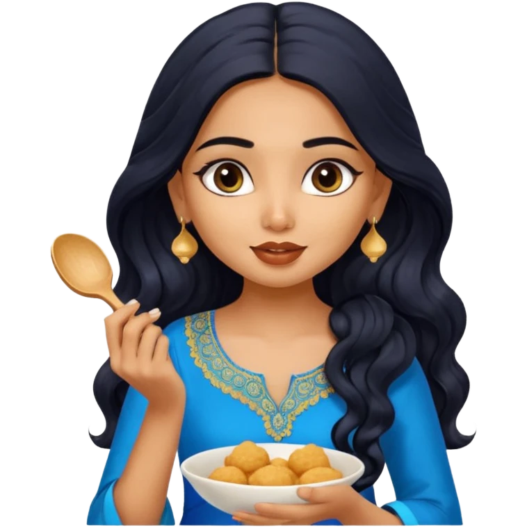 a pretty tan indian bratz girl with wavy long BLACK hair. eyeliner on, wearing a blue kurti, eating golgappa (without spoon) emoji