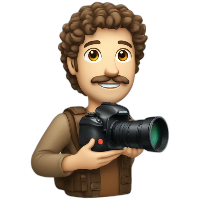 Caucasian VideoMaker with big camera and long lens, with moustache and gotaee, curly brown hair, brown eyes emoji