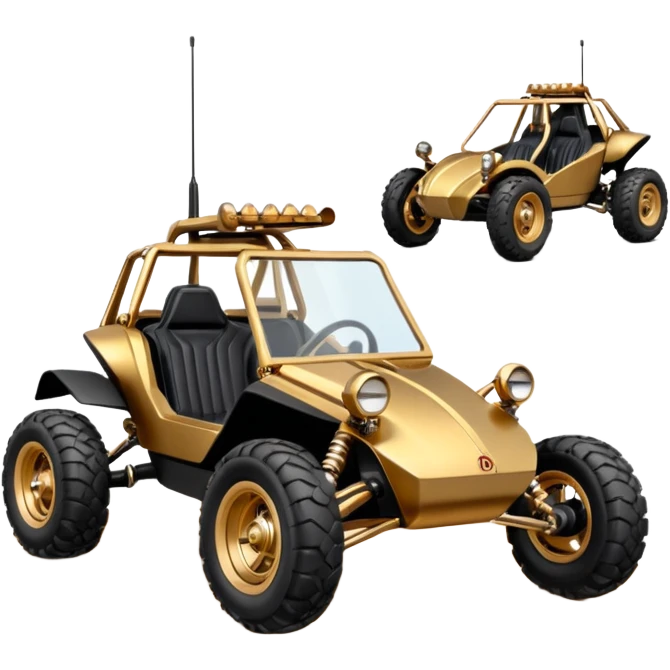 American southWest tarnished neon underglow C-3PO bounty hunter 1964 delicately ornate rosegold wood accents painted dune buggy buckboard powered by electric motors and batteries with safety and belts flying rapidly roughening terrain stable on strong agile advanced suspension and steering emoji